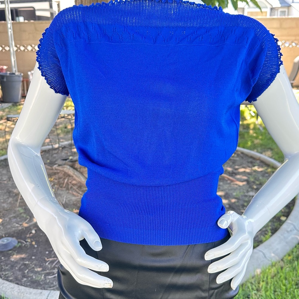 For Cynthia Blue Fitted Ribbed Cap Sleeve Blouse